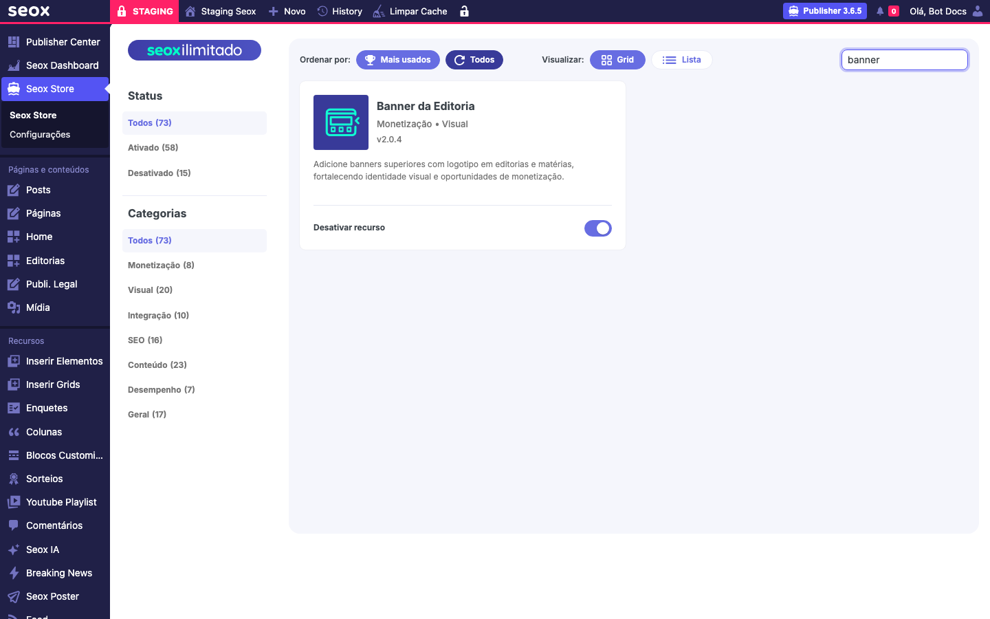 Card "Banner da Editoria" no Seox Store filtrado pela busca, com o toggle ativado e botão Configure visível