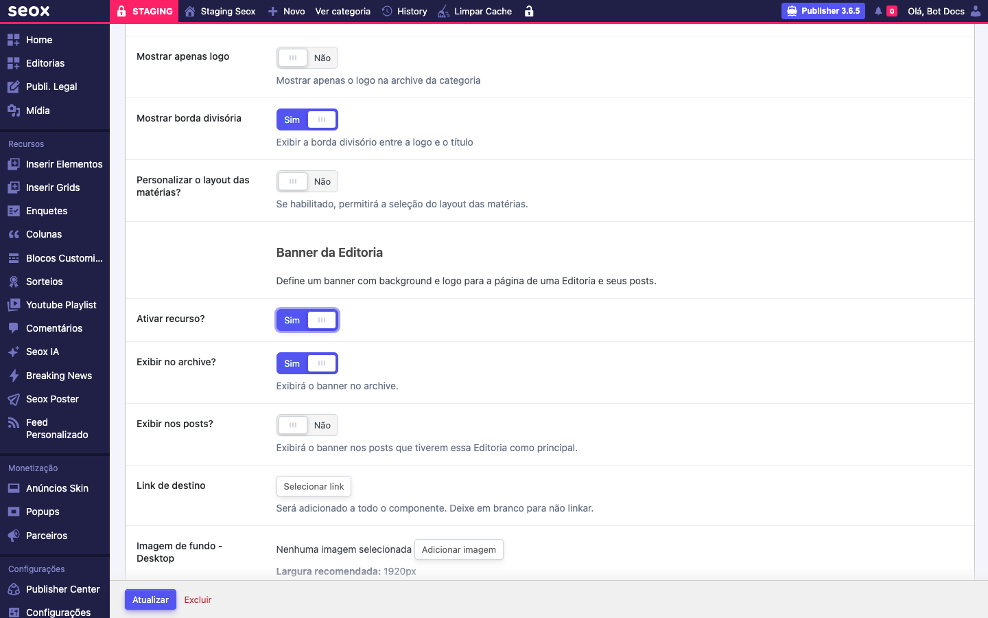 Painel "Banner da Editoria" com o toggle "Ativar recurso?" ligado e os toggles "Exibir no archive?" e "Exibir nos posts?" visíveis abaixo