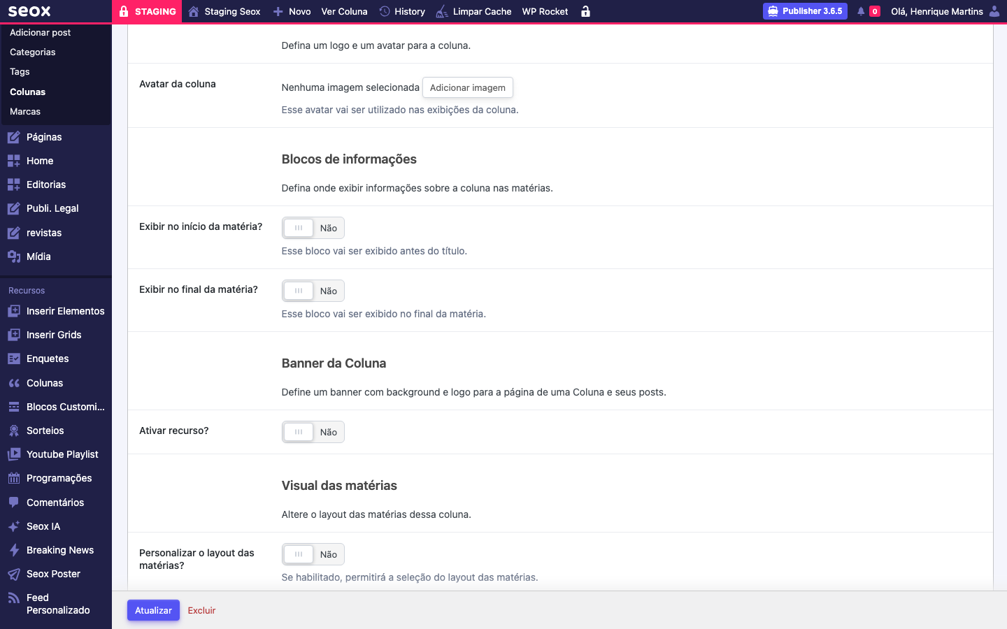 Aba Personalização visual mostrando Avatar da coluna com botão Adicionar imagem e Blocos de informações com toggles Exibir no início e Exibir no final da matéria