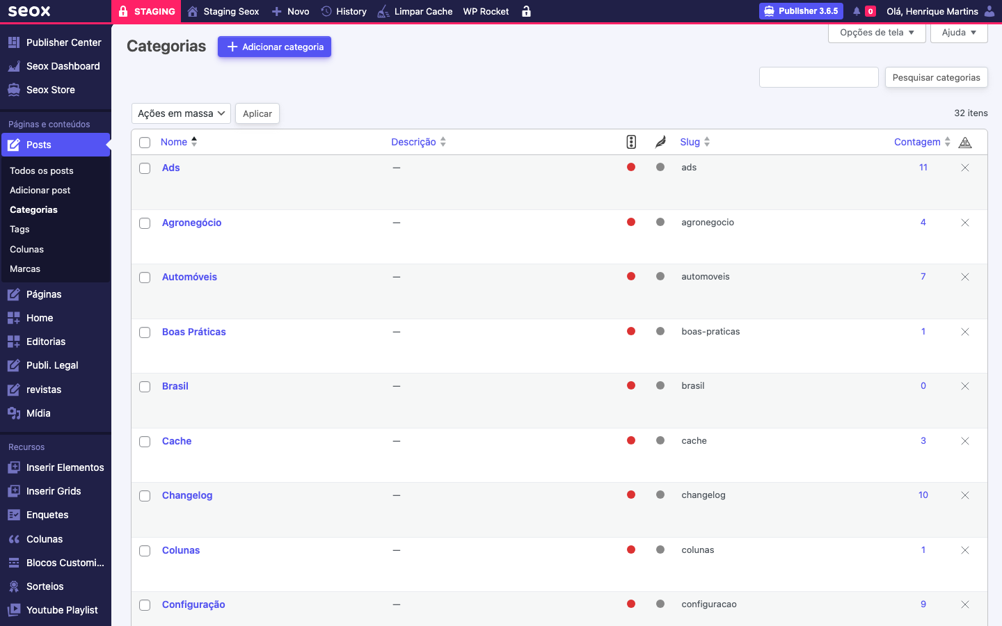 Tela Categorias no wp-admin com botão Adicionar categoria no topo e listagem das editorias Ads, Agronegócio, Automóveis, Boas Práticas, Brasil, Cache, Changelog, Colunas e Configuração com slug e contagem de itens