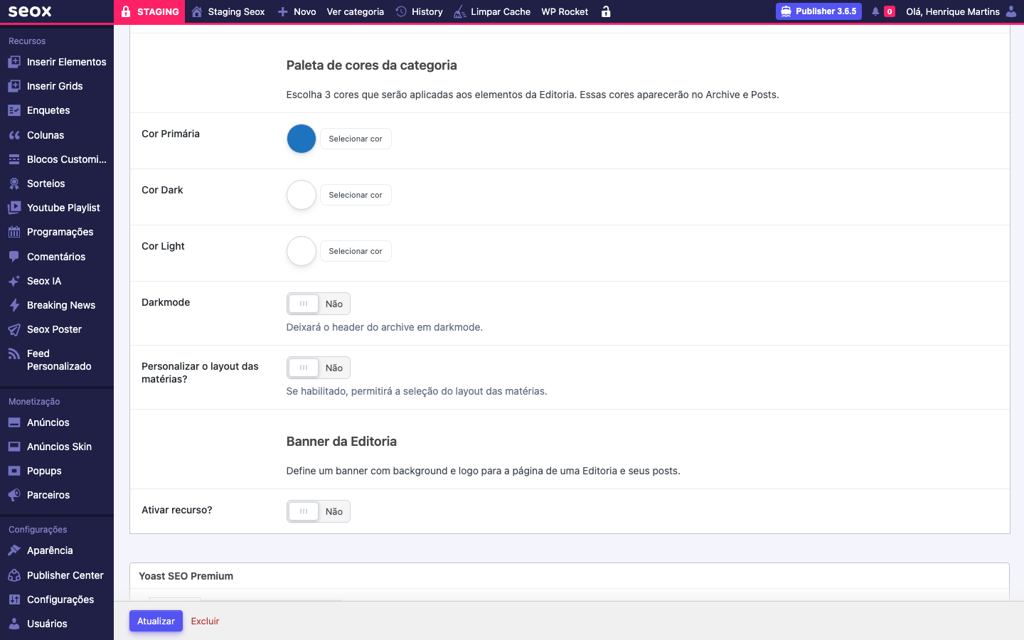 Seção Paleta de cores da categoria mostrando três campos Cor Primária com círculo azul preenchido e botão Selecionar cor, Cor Dark vazio com botão Selecionar cor, Cor Light vazio com botão Selecionar cor, seguido pelo toggle Darkmode em Não