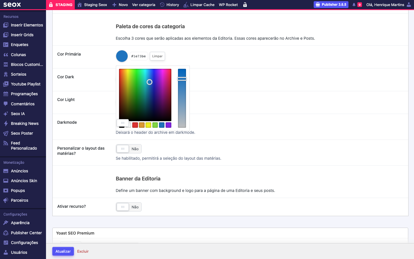 Color picker do WordPress aberto na Cor Primária mostrando espectro de cores, régua de matiz vertical, paleta de presets coloridos embaixo, código hexadecimal 1e73be no input e botão Limpar à direita