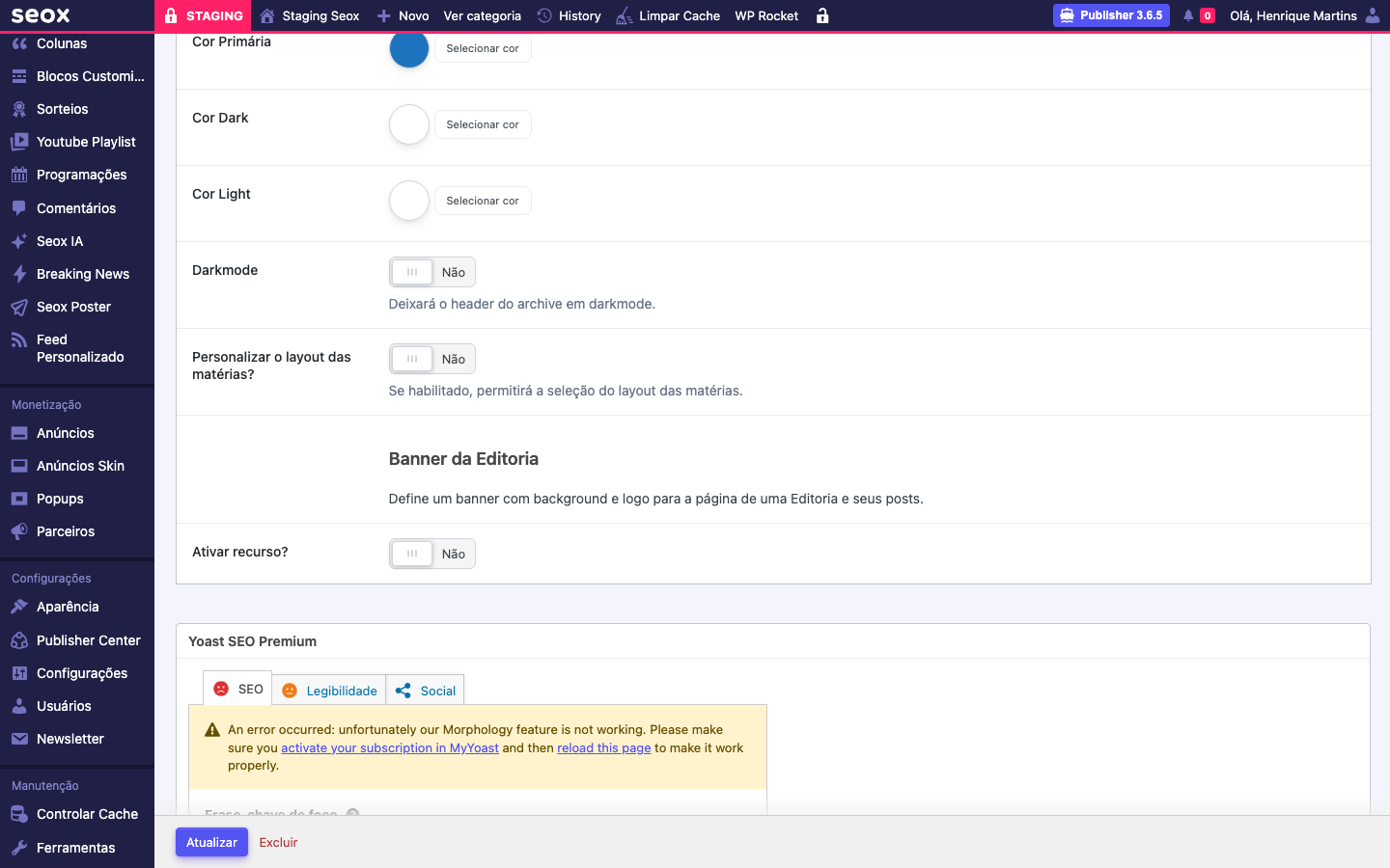 Aba Personalização visual mostrando os campos Cor Primária Cor Dark Cor Light em sequência, toggle Darkmode em Não com instrução Deixará o header do archive em darkmode, e seções abaixo Personalizar layout das matérias e Banner da Editoria