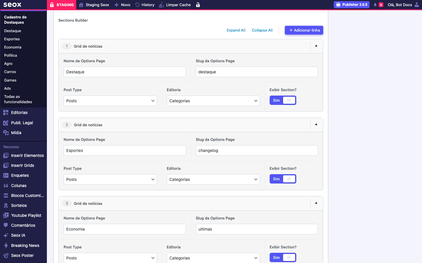 Painel "Sections Builder" zoomed mostrando o botão "Adicionar linha", "Expand All", "Collapse All" e a primeira linha "Grid de notícias" expandida com campos Nome, Slug, Post Type, Editoria e toggle "Exibir Section?" ativo