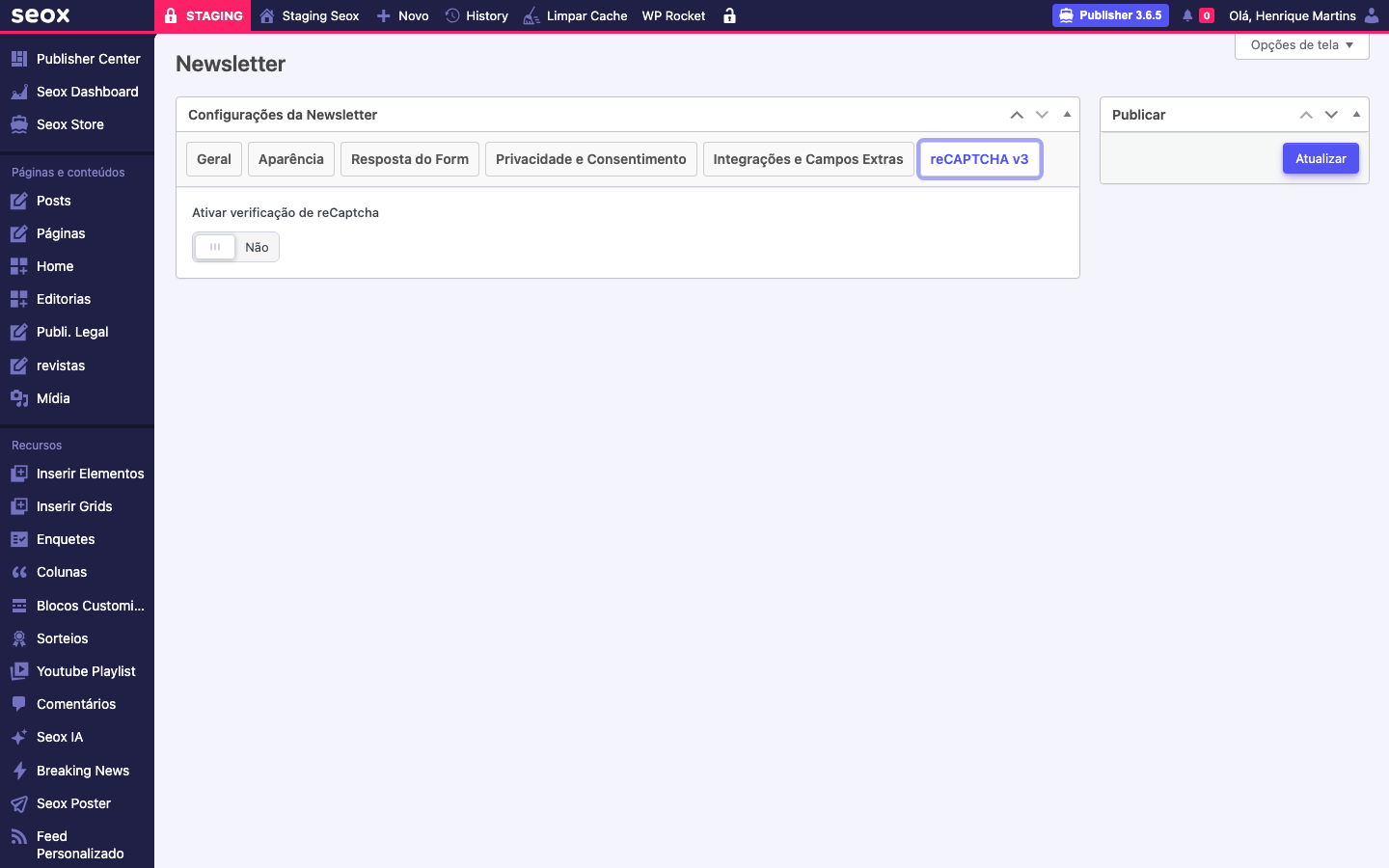 Aba reCAPTCHA v3 da configuração de Newsletter com o toggle Ativar verificação de reCaptcha desligado e indicação de que campos Site Key e Secret Key aparecem quando ativado