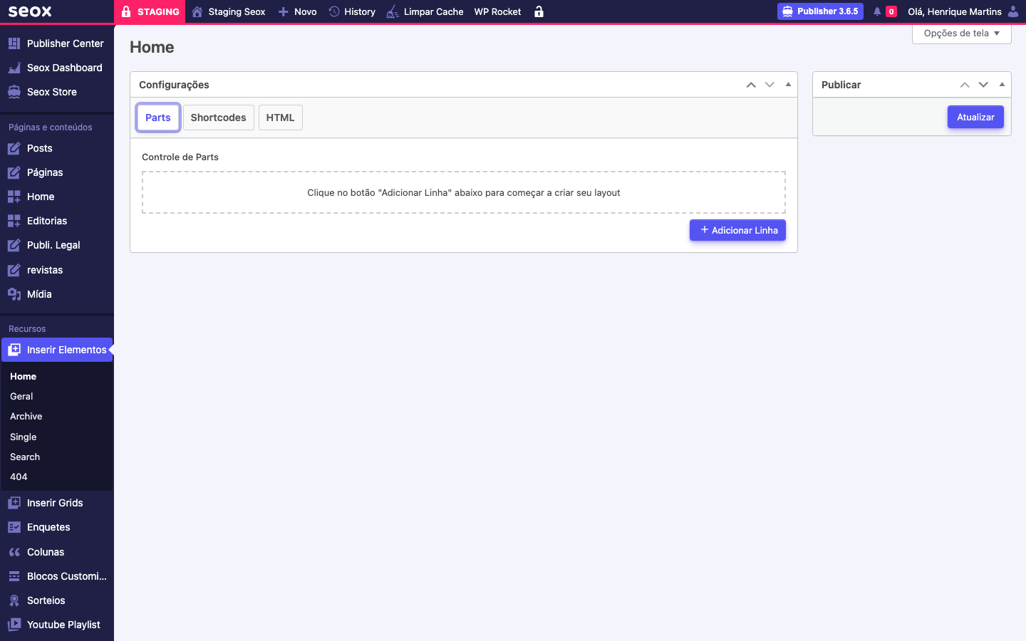 Tela Inicial do Inserir Elementos no wp-admin com submenu lateral expandido mostrando Home, Geral, Archive, Single, Search e 404, e a tela de Configurações com três abas Parts, Shortcodes e HTML, painel Controle de Parts vazio com botão Adicionar Linha