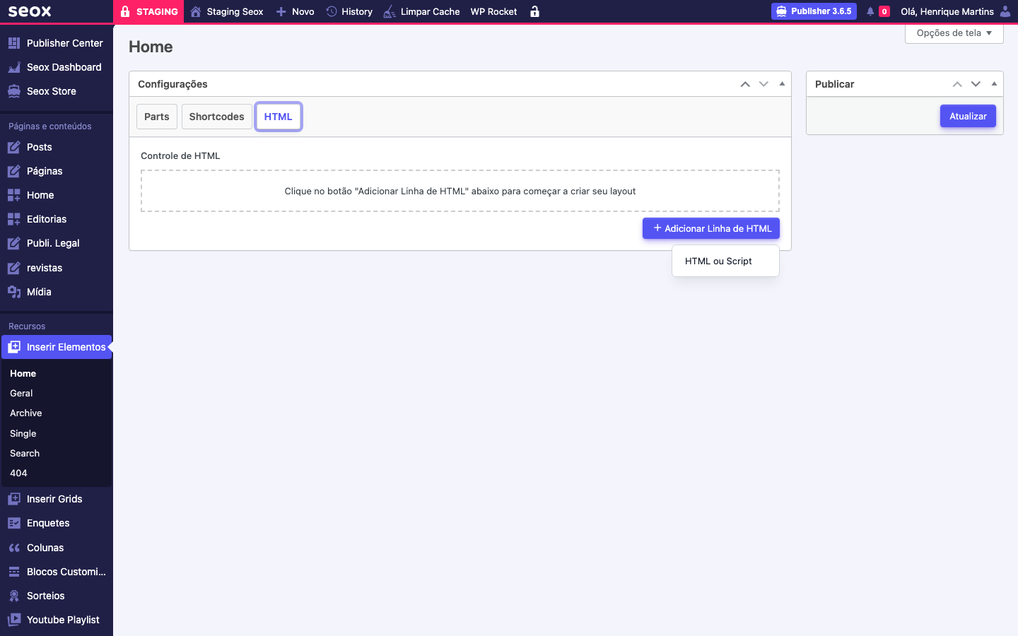 Aba HTML da tela Configurações com popup Adicionar Linha de HTML aberto exibindo a opção HTML ou Script como tipo de bloco modular para marcação livre customizada