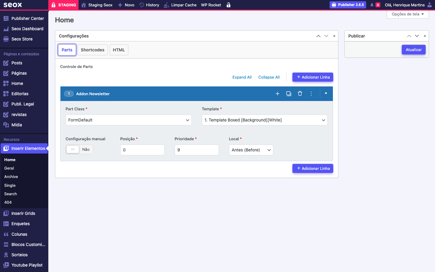 Linha Addon Newsletter expandida no Controle de Parts com Part Class FormDefault, Template 1 Template Boxed Background White, Configuração manual desligada, Posição 0, Prioridade 9 e Local Antes Before