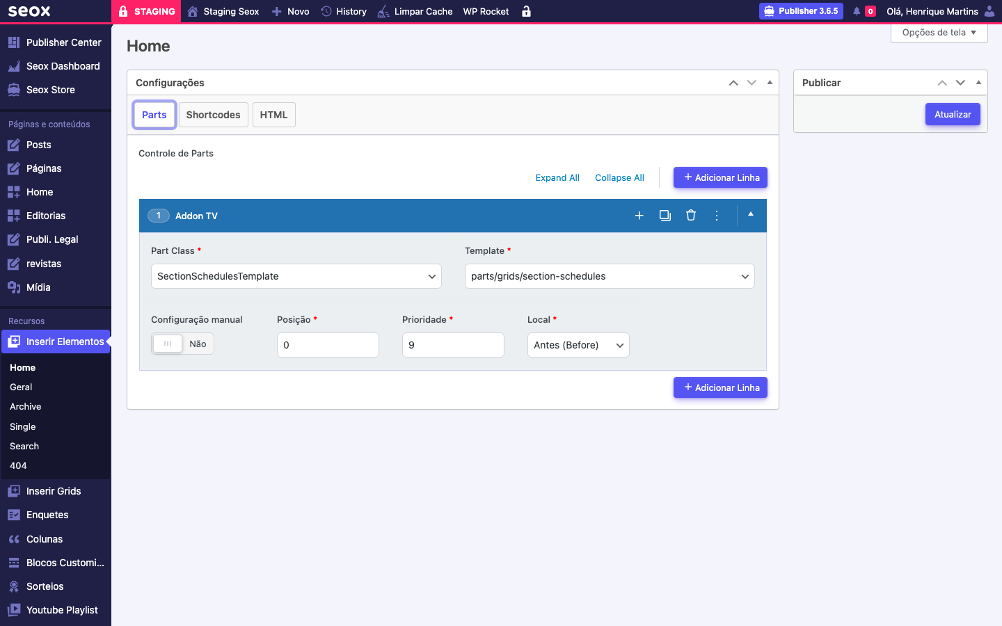 Linha Addon TV expandida no Controle de Parts com Part Class SectionSchedulesTemplate, Template parts grids section-schedules, Configuração manual desligada, Posição 0, Prioridade 9 e Local Antes Before