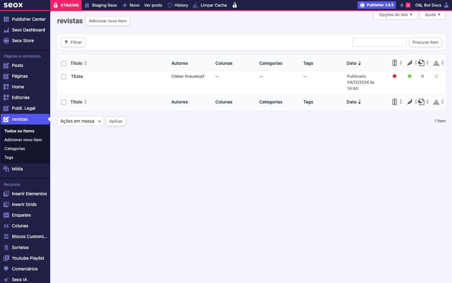 Listagem de revistas no wp-admin com sidebar mostrando o item "revistas" destacado, submenu Todos os Items, Adicionar novo Item, Categorias e Tags, e tabela com edições cadastradas