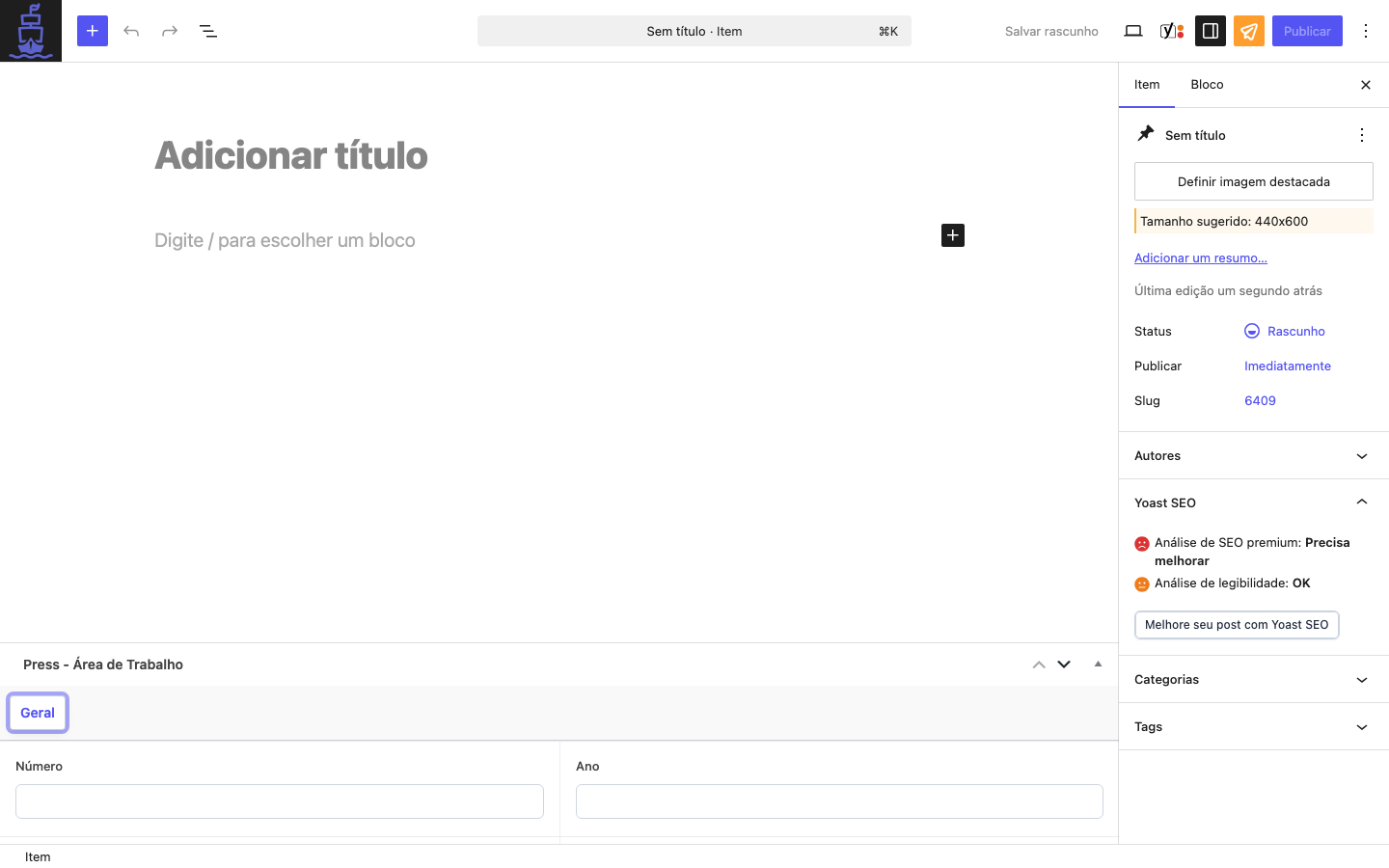 Tela "Adicionar novo Item" do tipo revistas com painel "Press - Área de Trabalho" expandido na aba "Geral" mostrando os campos Número e Ano, e sidebar direita com Definir imagem destacada, Status Rascunho, Yoast SEO, Categorias e Tags