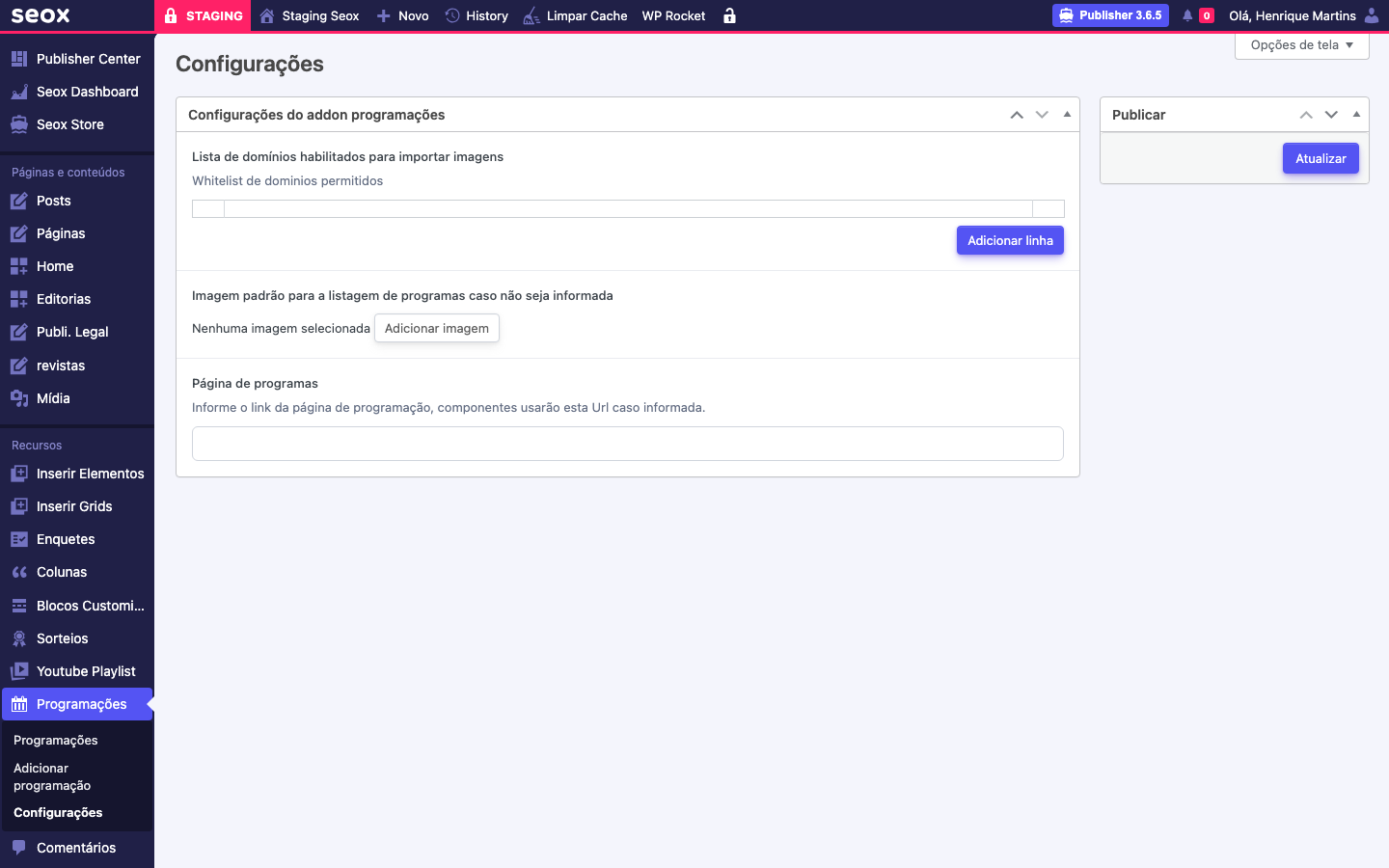 Tela Configurações do addon programações mostrando os três campos globais Lista de domínios habilitados para importar imagens com whitelist e botão Adicionar linha, Imagem padrão para listagem de programas com botão Adicionar imagem, e Página de programas com campo de URL