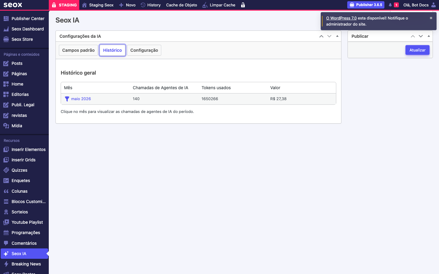 Aba Histórico da página Seox IA com a seção Histórico geral exibindo uma tabela com colunas Mês, Chamadas de Agentes de IA, Tokens usados e Valor, com a linha maio 2026 mostrando 140 chamadas, 1650266 tokens e R$ 27,38, e a dica Clique no mês para visualizar as chamadas de agentes de IA do período
