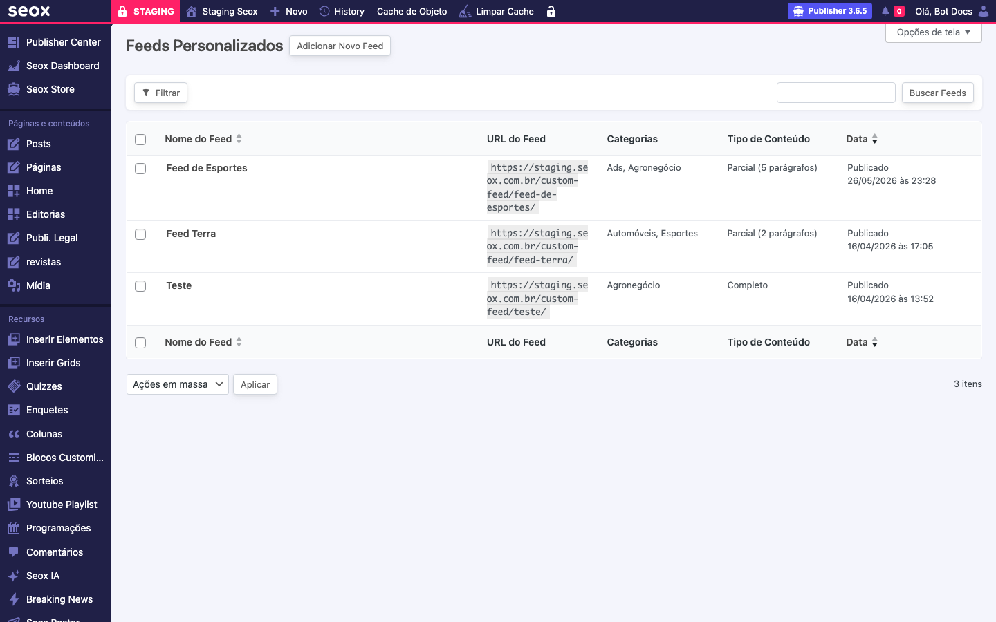 Listagem do tipo de conteúdo Feeds Personalizados no wp-admin com as colunas Nome do Feed, URL do Feed, Categorias, Tipo de Conteúdo e Data, mostrando o feed de exemplo Feed de Esportes e o botão Adicionar Novo Feed no topo