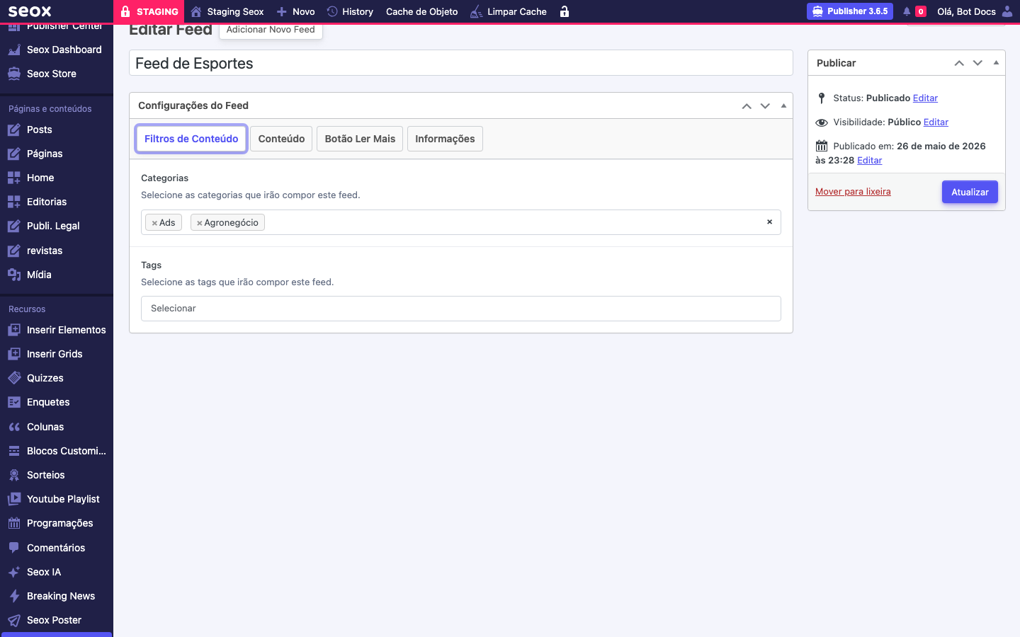 Aba Filtros de Conteúdo do painel Configurações do Feed mostrando o campo Categorias de seleção múltipla com Ads e Agronegócio selecionados e o campo Tags logo abaixo, ambos com instruções explicando que definem o que compõe o feed