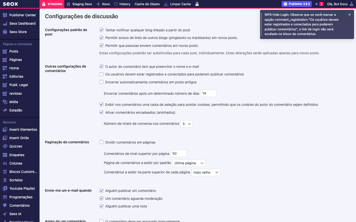 Tela Configurações de discussão do WordPress com as opções de permitir comentários, moderação, campos obrigatórios de nome e e-mail e paginação de comentários