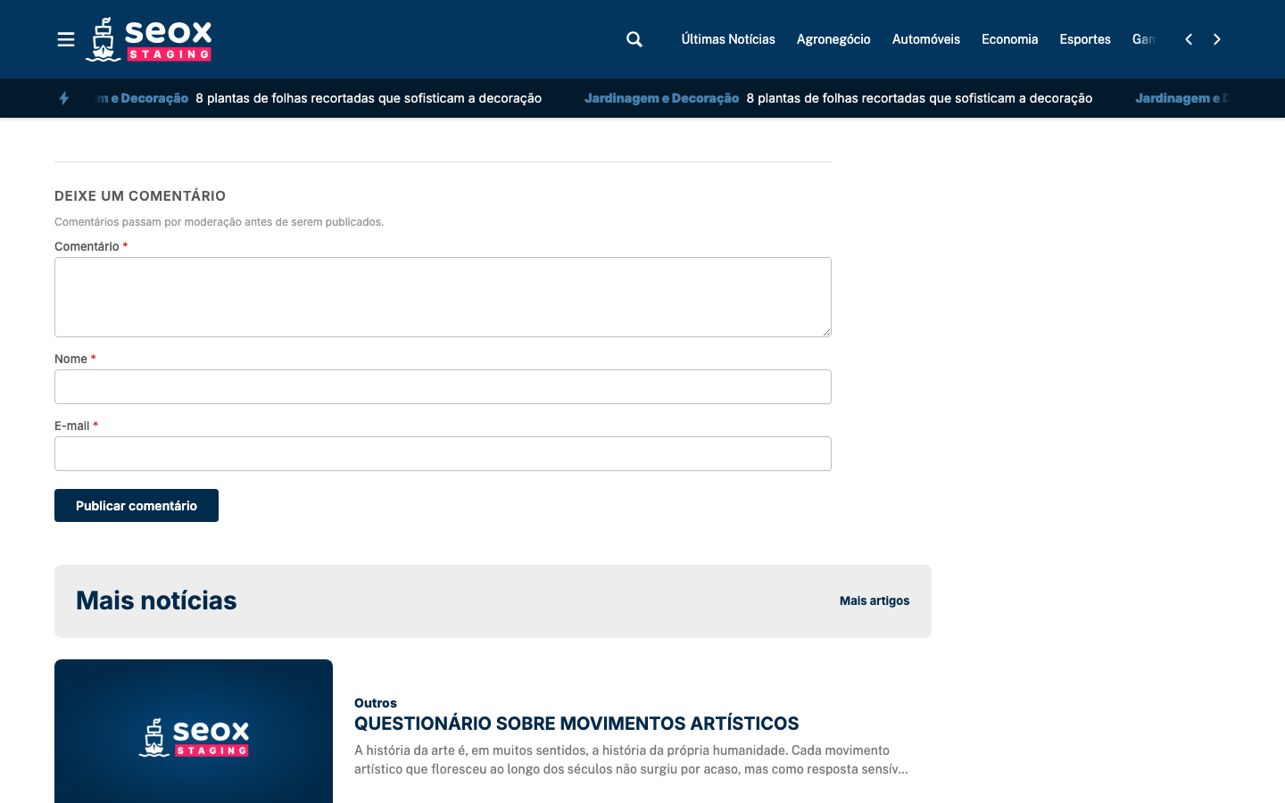 Área de comentários no frontend de um post do staging com o título Deixe um comentário, o aviso de moderação e o formulário com os campos Comentário, Nome e E-mail e o botão Publicar comentário