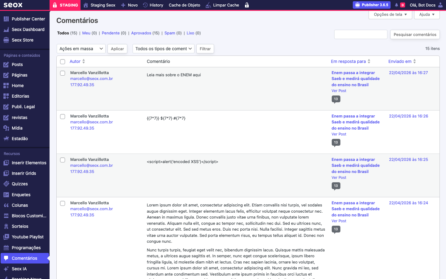 Tela Comentários do wp-admin com a fila de moderação listando autor, comentário, em resposta a e a publicação de destino, com as ações de aprovar, responder, spam e lixeira