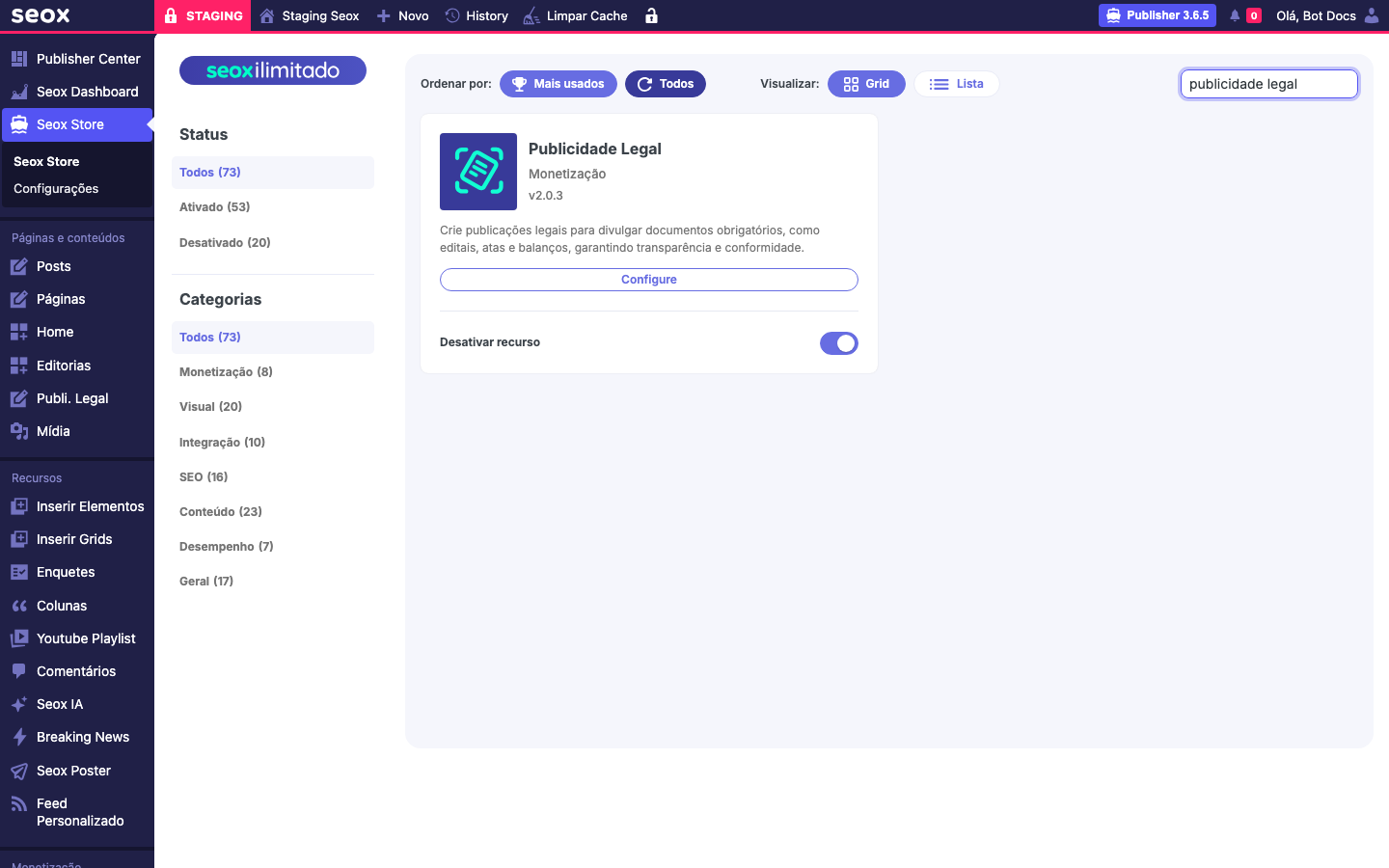 Card "Publicidade Legal v2.0.3" no Seox Store filtrado pela busca, com o toggle ativado e botão Configure visível
