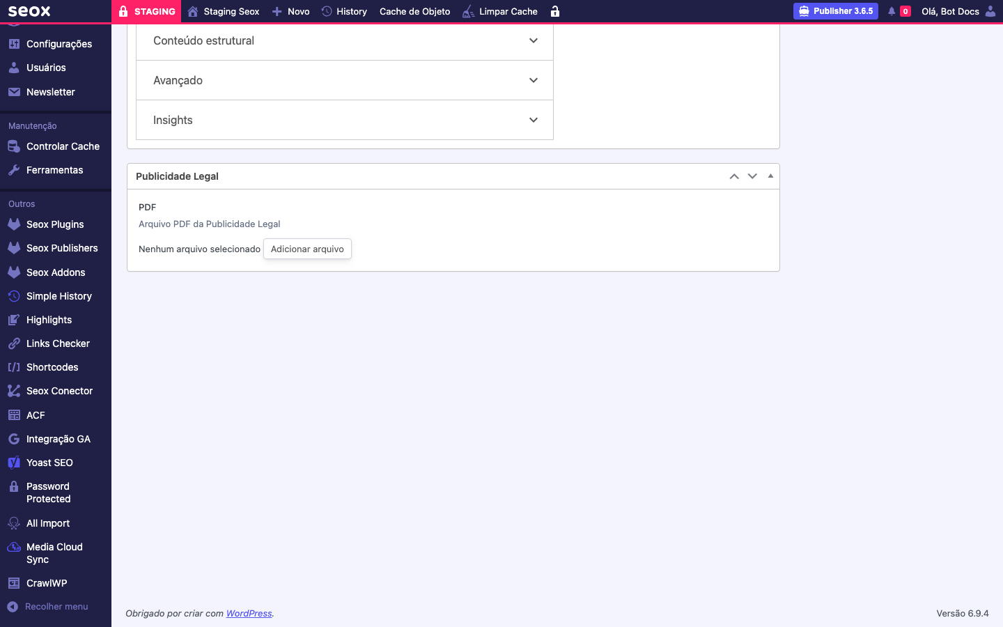 Painel "Publicidade Legal" com o campo PDF, label "Arquivo PDF da Publicidade Legal", indicação "Nenhum arquivo selecionado" e botão "Adicionar arquivo"