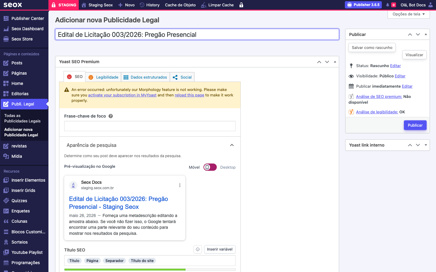 Tela de edição com o título preenchido e o painel "Publicar" no canto direito, com status Rascunho e o botão Publicar destacado