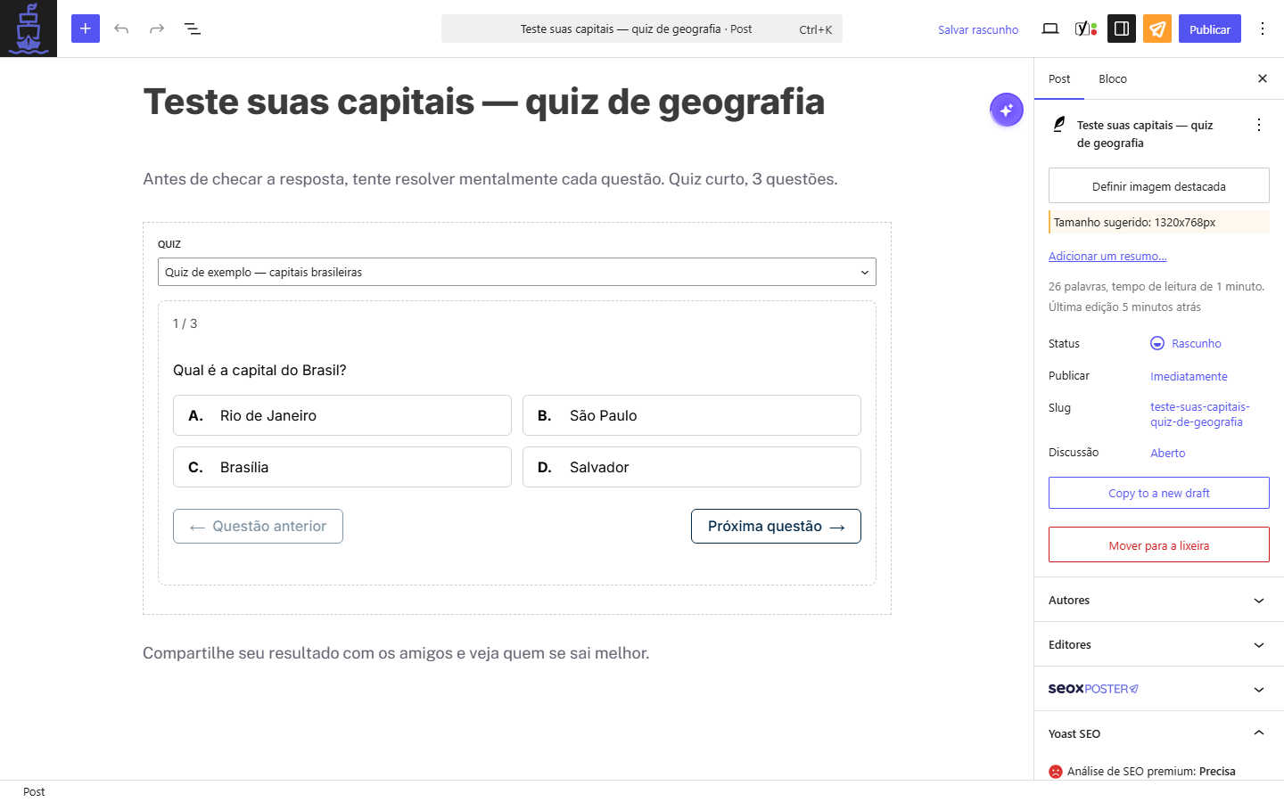 Bloco Quiz inserido no editor Gutenberg de um post