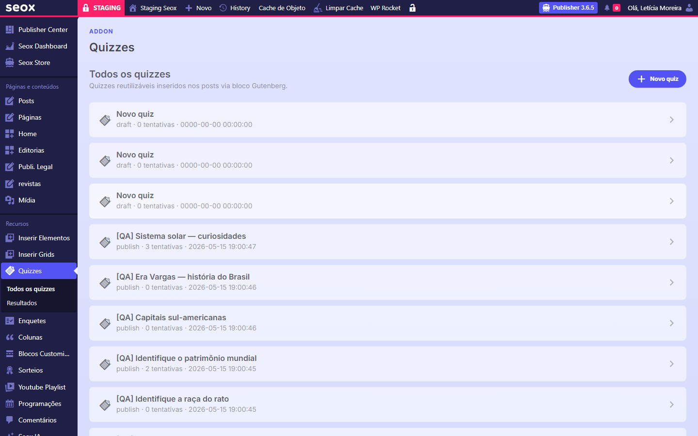 Listagem inicial de quizzes no menu lateral do wp-admin