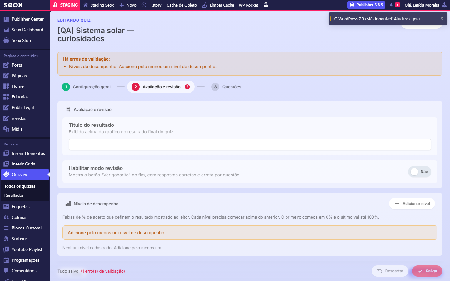 Etapa Avaliação e revisão com a lista de níveis de desempenho