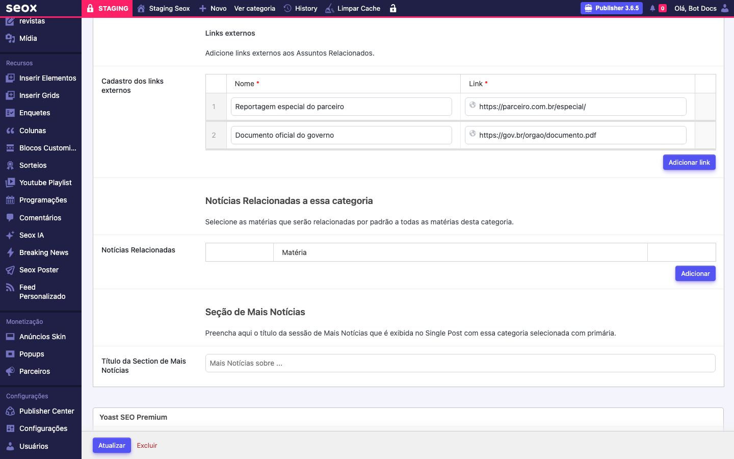 Aba Assuntos relacionados e links mostrando o repeater de Cadastro dos links externos com duas linhas preenchidas, primeira com Nome Reportagem especial do parceiro e Link https parceiro com br especial, segunda com Nome Documento oficial do governo e Link https gov br orgao documento.pdf, mais o botão Adicionar link abaixo