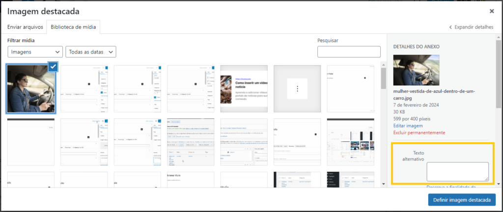 onde fica o campo alt text no wordpress