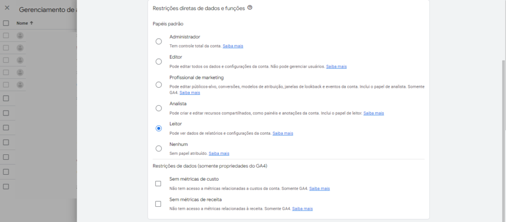 como compartilhar acesso ga4 funções e restrições de dados