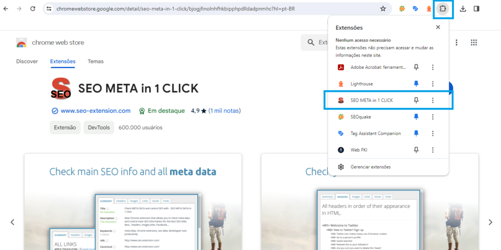 lista de extensoes no google chrome seo meta in 1 click