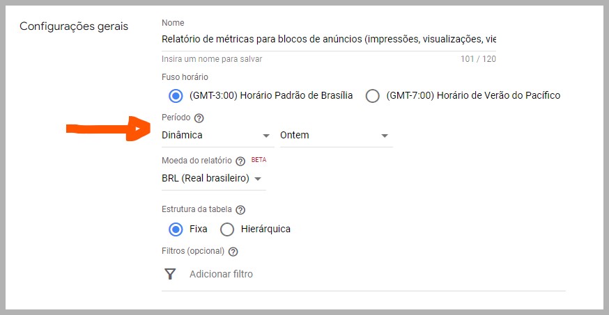 Selecionando período para um novo relatório no google ad manager