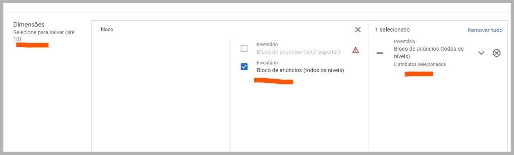 Selecionando dimensões para um novo relatório no google ad manager