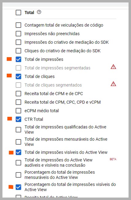 Selecionando métricas para um novo relatório no google ad manager